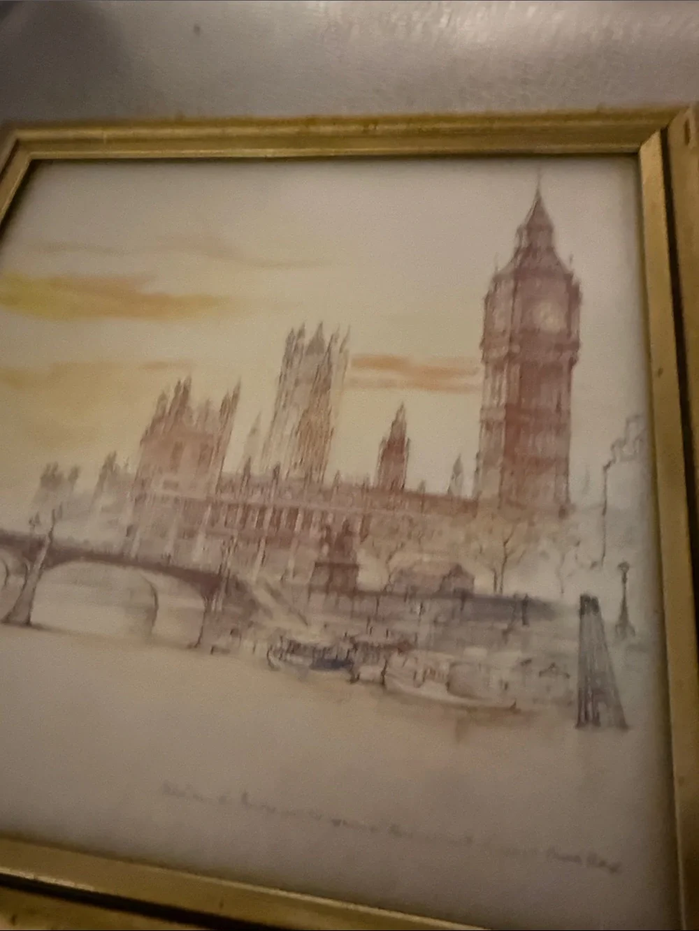 Vintage Water Color depicting the House of Parliament and Big Ben in London